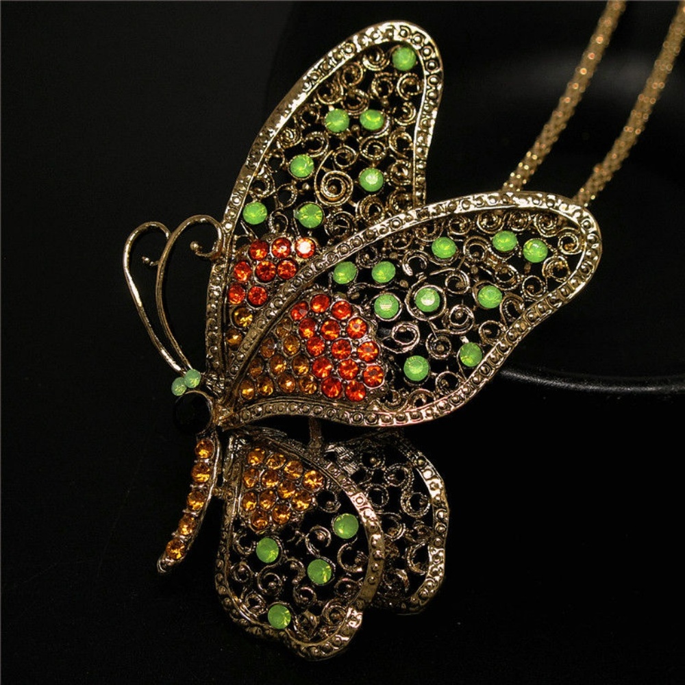 New‎ Green Gold Crystal Butterfly Pendant Necklace